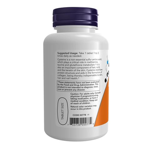 Viên uống Now L-Cysteine 500mg, hỗ trợ sức khỏe da tóc móng với Vitamin B6 và C - chăm sóc sức khỏe hàng ngày