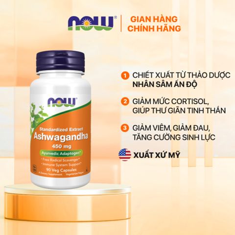 Viên uống Ashwagandha Now 450mg - Tinh chất sâm Ấn Độ hỗ trợ giảm stress, tăng cường sức đề kháng, cải thiện tâm trạng 627703