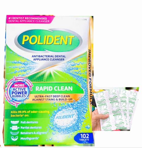 Viên sủi ngâm làm sạch răng giả Polident 3 Minute 102 viên - Vệ sinh hằng ngày chống vi khuẩn, mùi hôi hiệu quả