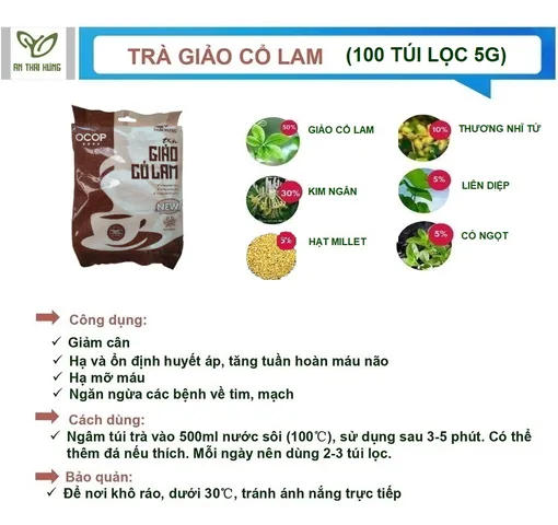 Trà Giảo cổ lam THÁI HƯNG - Bịch 100 túi lọc 5g Giảm cân, hạ mỡ máu, đường huyết, ổn định mạch
