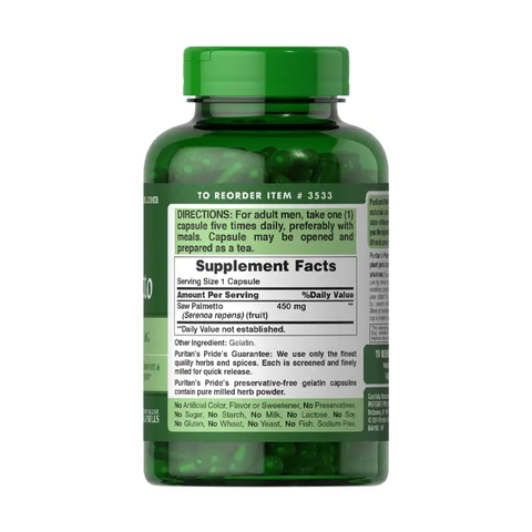 Viên uống Saw Palmetto 450mg Puritan’s Pride 200 viên - Hỗ trợ sức khỏe tuyến tiền liệt và chức năng tiểu tiện tự nhiên 627979