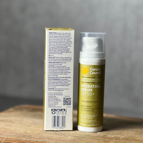 Kem dưỡng ẩm chống nắng Cancer Council Hydrating Serum SPF50+ Dewy Finish 50ml.
