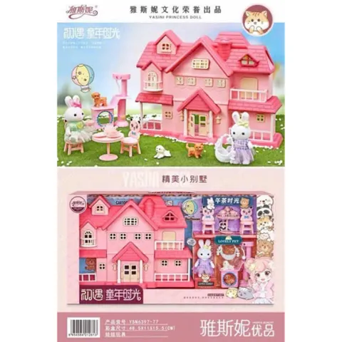 Biệt Thự Thỏ Hồng 2 Tầng Cao Cấp – Bộ Nhà Búp Bê Mini Full Nội Thất & Thú Cưng 6397-77