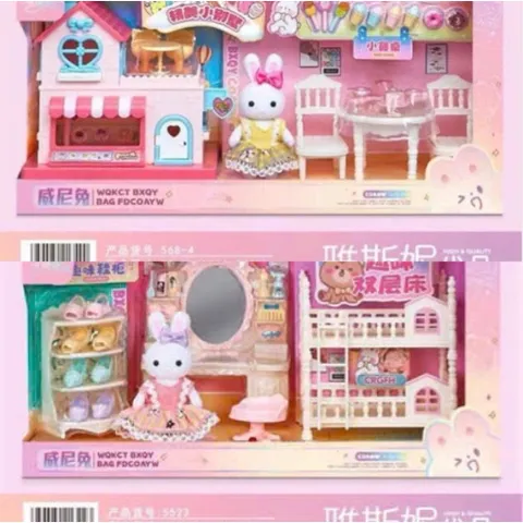 Bộ Đồ Chơi Nhà Búp Bê Thỏ Mini Có Nội Thất – Phòng Ngủ 2 Tầng / Phòng Khách Bàn Tiệc – Quà Tặng Bé Gái 5523 568-4