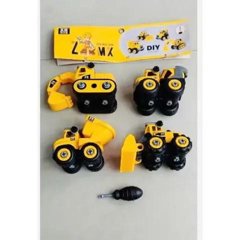 Bộ 4 Xe Công Trình DIY Tháo Lắp Cho Bé – Xe Xúc, Xe Ủi, Xe Ben, Xe Trộn Bê Tông Kèm Tua Vít 🪛 677-110
