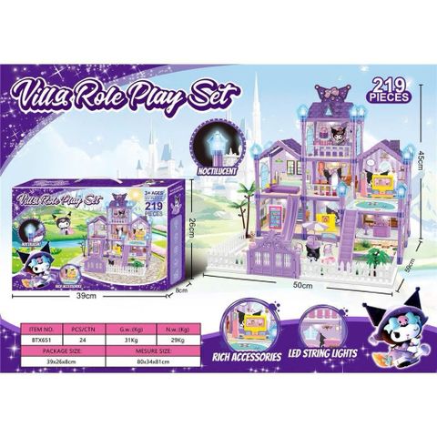 Đồ Chơi Chủ Đề Kuromi - Bộ Lắp Ráp Ngôi Nhà Búp Bê, Biệt Thự Villa Có Hiệu Ứng Đèn Sáng BTX651