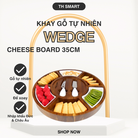 Khay Đựng Cheese WEDGE 35cm Gỗ Tự Nhiên Đế Xoay - Đĩa Phục Vụ Thưởng Thức Phô Mai Sang Trọng Kèm 2 Dao Chuyên Dụng