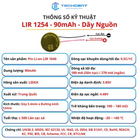 Pin Li-ion LIR 1254 3.85V 90mAh Có Dây | Pin Thay Tai Nghe Bluetooth TWS, Thiết Bị Mini