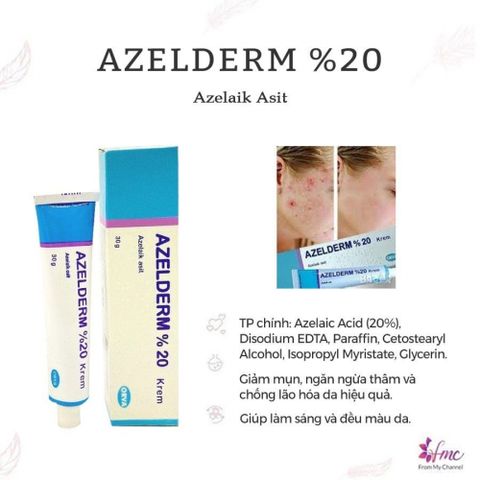 Kem giảm mụn trứng cá giảm thâm đen thâm đỏ sau mụn Azelderm Azelaic acid 20% krem 20g Thổ Nhĩ Kỳ