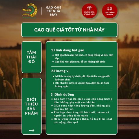 Gạo Phúc Cư | 10KG Gạo Quê Tám Thái Đỏ (LOẠI NGON) Hạt Dài Cơm Mềm Thơm Ngon
