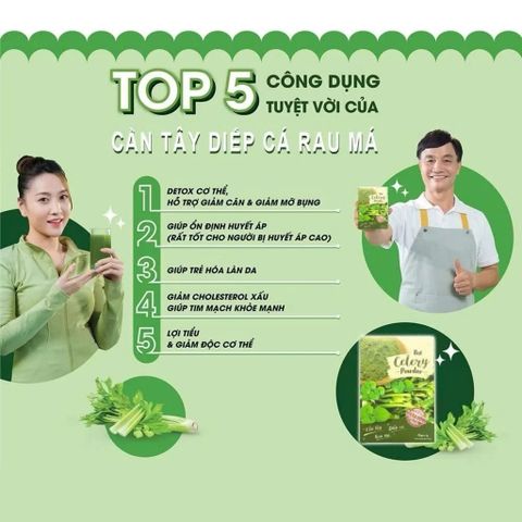 Bột Cần Tây Rau Má Diếp Cá- 100%Từ Rau Tươi, Bổ Sung Chất Xơ, Hỗ Trợ Detox-Giảm Cân, Đẹp Da Thanh Lọc Cơ Thế (Hộp 20 túi dạng bột hòa tan)