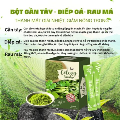 Bột Cần Tây Rau Má Diếp Cá- 100%Từ Rau Tươi, Bổ Sung Chất Xơ, Hỗ Trợ Detox-Giảm Cân, Đẹp Da Thanh Lọc Cơ Thế (Hộp 20 túi dạng bột hòa tan)