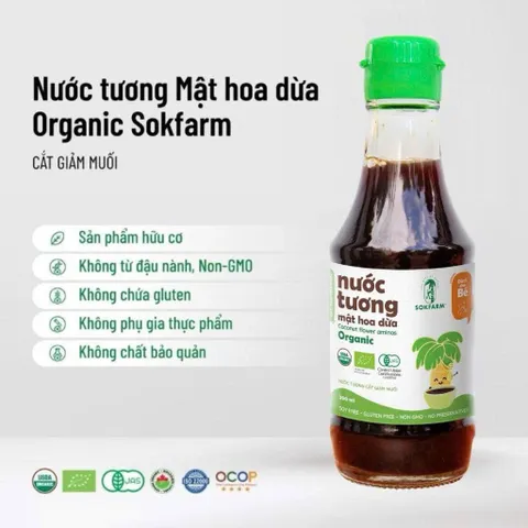 Nước tương ăn dặm, nước tương mật hoa dừa organic Sokfarm 200ml - Coconut Flower Aminos - hàng Việt.