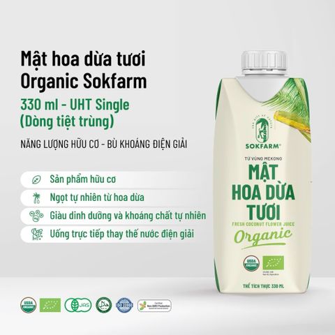 Mật hoa dừa tươi organic Sokfarm 330ml - Fresh Coconut Flower Juice - hàng Việt.