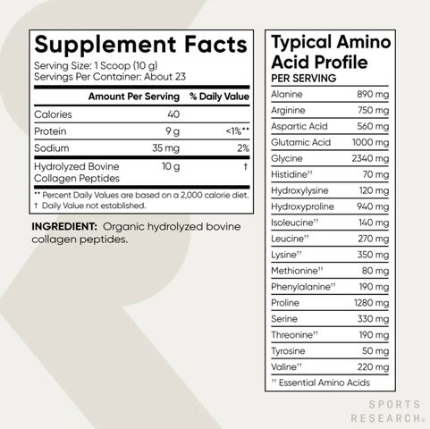 [modoria.] Bột Collagen Sports Research Organic Collagen Peptides Unflavored 227g Mỹ