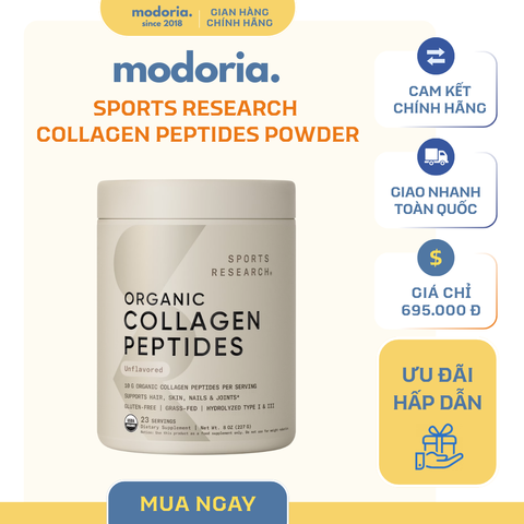[modoria.] Bột Collagen Sports Research Organic Collagen Peptides Unflavored 227g Mỹ