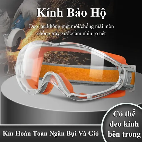 Kính bảo hộ đa năng Mắt kính nhựa PC viền kính màu cam, xanh dương chống hóa chất ngăn cát bụi người bị cận dùng được