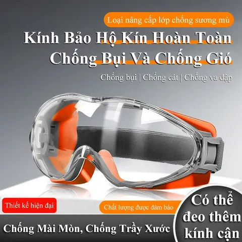 Kính bảo hộ đa năng Mắt kính nhựa PC viền kính màu cam, xanh dương chống hóa chất ngăn cát bụi người bị cận dùng được
