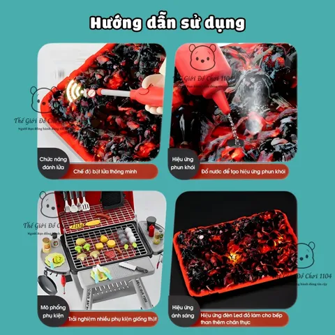 Bộ đồ chơi bếp nướng BBQ cho bé có hiệu ứng khói, đèn led và phụ kiện nấu ăn