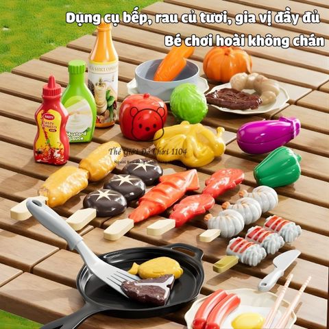 Bộ đồ chơi bếp nướng BBQ cho bé có hiệu ứng khói, đèn led và phụ kiện nấu ăn