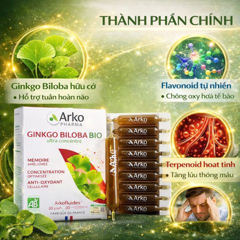 Ginkgo Biloba BIO Arkopharma - Thực Phẩm Bổ Não Dạng Ống Uống 20 Ống - Tăng Cường Trí Nhớ, Duy Trì Tinh Thần Minh Mẫn