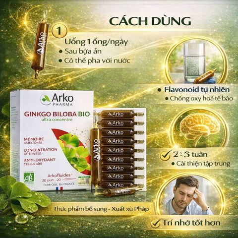 Ginkgo Biloba BIO Arkopharma - Thực Phẩm Bổ Não Dạng Ống Uống 20 Ống - Tăng Cường Trí Nhớ, Duy Trì Tinh Thần Minh Mẫn