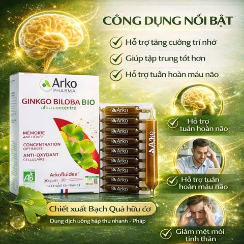 Ginkgo Biloba BIO Arkopharma - Thực Phẩm Bổ Não Dạng Ống Uống 20 Ống - Tăng Cường Trí Nhớ, Duy Trì Tinh Thần Minh Mẫn