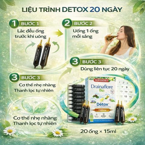 Nước Uống Detox Superdiet Drainaflore Pháp - Thải Độc Gan, Thận, Ruột, Hỗ Trợ Tiêu Hóa - Hộp 20 Ống Hữu Cơ 300ml