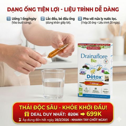 Nước Uống Detox Superdiet Drainaflore Pháp - Thải Độc Gan, Thận, Ruột, Hỗ Trợ Tiêu Hóa - Hộp 20 Ống Hữu Cơ 300ml