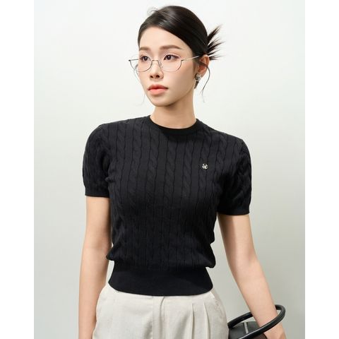 [LOHNT] Áo thun nữ cổ tròn tay ngắn dệt gân Hàn Quốc cao cấp/ Round-neck - Cable - Short sleeve - LT006