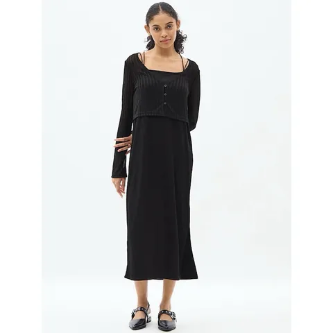 Set váy hai dây và  áo cardigan lưới mỏng Gu Japan
