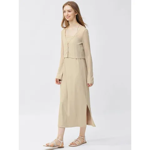 Set váy hai dây và  áo cardigan lưới mỏng Gu Japan
