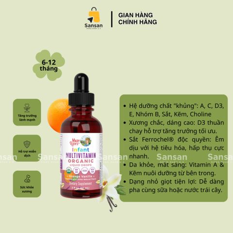 TPBVSK Vitamin tổng hợp hữu cơ Mary Ruths Organic Infant/ Toddler/ Kids Multivitamin Liquid Drops 60ml - Nội địa Mỹ