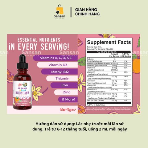 TPBVSK Vitamin tổng hợp hữu cơ Mary Ruths Organic Infant/ Toddler/ Kids Multivitamin Liquid Drops 60ml - Nội địa Mỹ