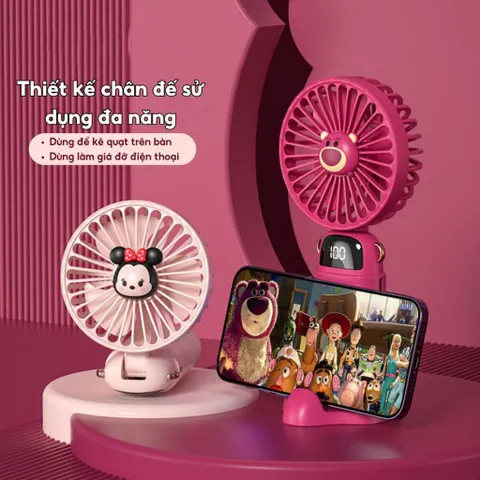 Quạt cầm tay Disney DS18, màn hình led, 5 mức độ gió sử dụng đến 8 tiếng kèm dây đeo và chân đế