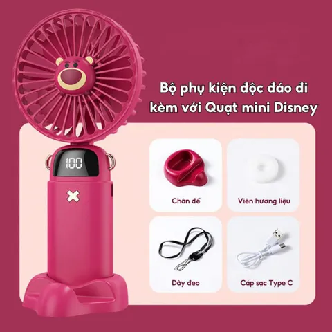 Quạt cầm tay Disney DS18, màn hình led, 5 mức độ gió sử dụng đến 8 tiếng kèm dây đeo và chân đế
