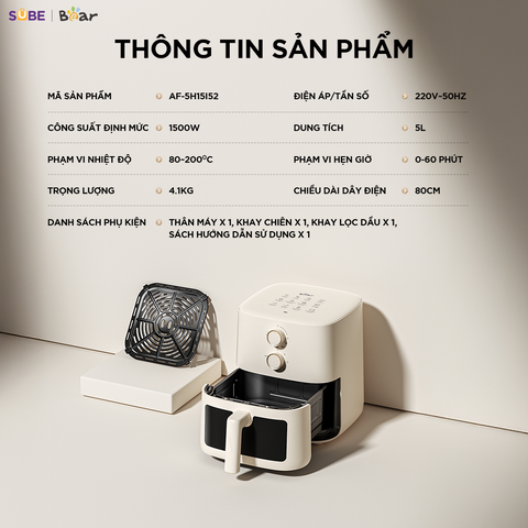 Nồi Chiên Không Dầu BEAR 5L AF-5H15I52 Công Suất Lớn Chiên Nướng Ngon