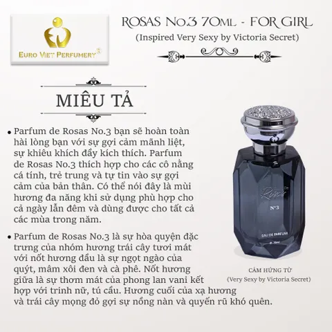 Nước Hoa Nữ Cao Cấp ROSAS No3 Quyến Rũ, Ngọt Ngào, Nóng Bỏng Lưu Hương 7-12 Tiếng 70ml