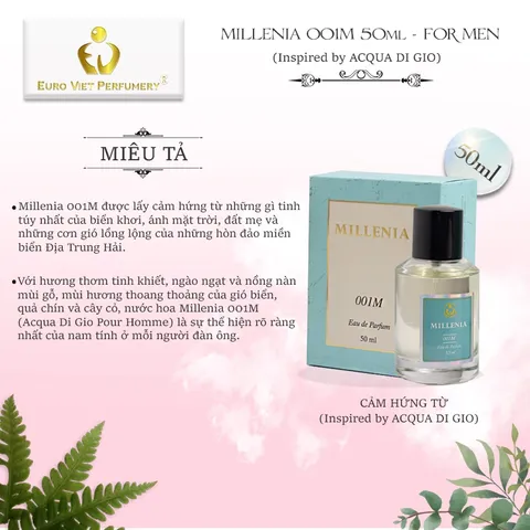 Nước hoa ham cao cấp MILLENIA 001M thơm lâu nam tính, tinh tế, tươi mát lưu hương 7-12 Tiếng 50ml