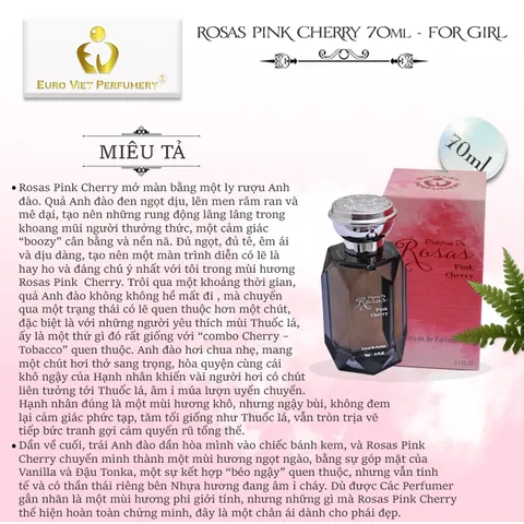 Nước Hoa Nữ Cao cấp Rosas Pink Cherry Sang trọng, Qúy phái, Thu hút Lưu Hương 7-12 tiếng 10ml, 70ml