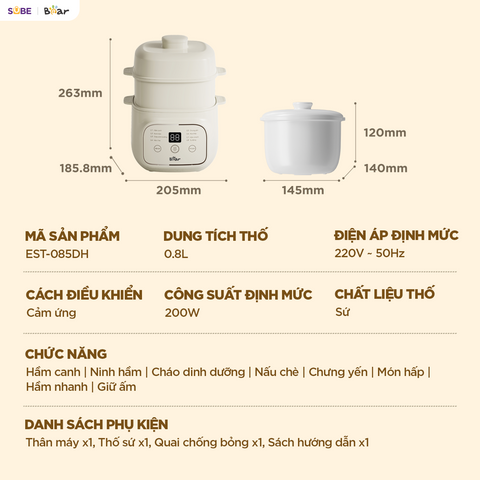 Nồi nấu chậm 0.8L Bear EST-085DH, nấu cách thuỷ, giữ vị ngọt của thực phẩm