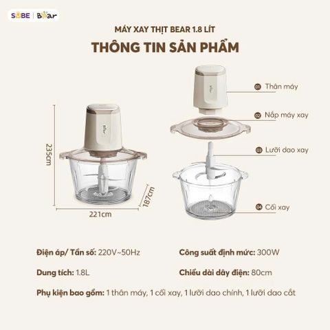Máy Xay Thịt BEAR 1.8L Cối Thủy Tinh Xay Thịt Cá Rau Củ Cực Nhuyễn Công Suất 300W - CH-5H03P36