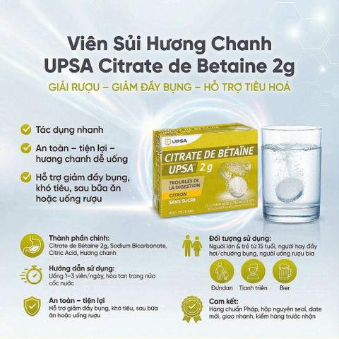 Sủi Giải Rượu Giảm Đầy Hơi UPSA Citrate de Betaine 2g – Hộp 20 Viên. Hương Chanh