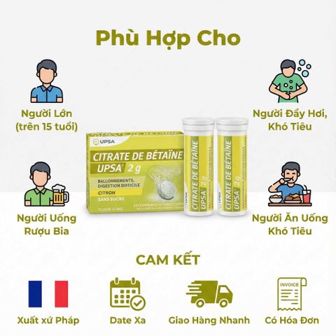 Sủi Giải Rượu Giảm Đầy Hơi UPSA Citrate de Betaine 2g – Hộp 20 Viên. Hương Chanh