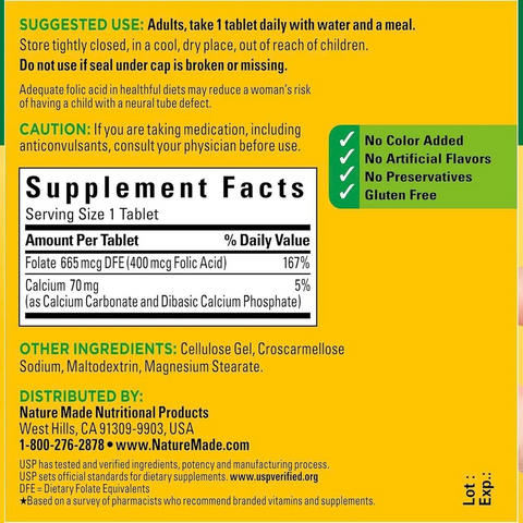 Viên uống hỗ trợ tim mạch Nature Made Folic Acid 400 mcg - 250 viên, chăm sóc sức khỏe tim mạch hiệu quả từ Mỹ 638507