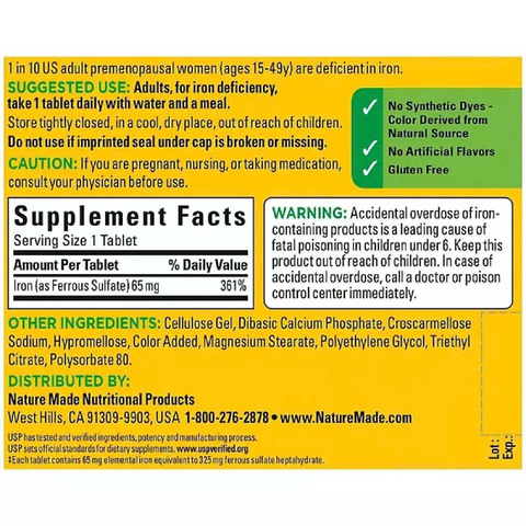 Viên Uống Bổ Sung Sắt Nature Made Iron 65Mg - Hũ 365 Viên Tăng Cường Sức Khỏe, Hỗ Trợ Thiếu Máu, Duy Trì Năng Lượng 638536