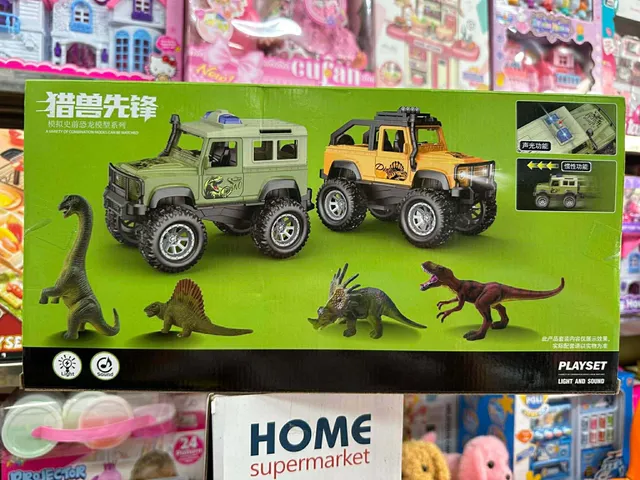 Bộ Xe Jeep Địa Hình + Khủng Long Đồ Chơi Có Đèn Nhạc – Set Dino Xe Offroad Mô Hình 2413 chọn màu ngẫu nhiên
