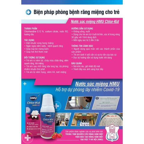 Nước Súc Miệng HMU Chlor Kid Vị Dâu 150ml Cho Bé Giảm Đau Rát Họng