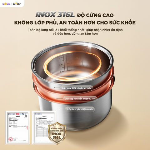 Nồi cơm điện INOX 316L Bear 1.2L (dung tích tổng 3L) RC-5H30O12