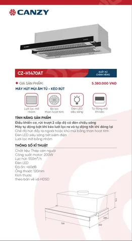 Máy Hút Mùi Âm Tủ Canzy CZ H1470AT - Kính Đen Sang Trọng, Công Suất 750m3/h, Độ Ồn Thấp, Bảo Hành 3 Năm, Nhập Khẩu Chính Hãng